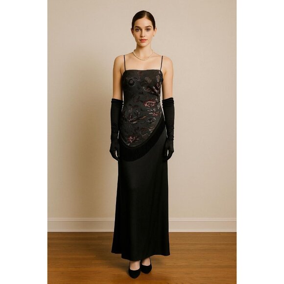 Vintage 1990s Dave & Johnny by Laura Ryner Floral and Fringe Velvet Formal Dress - Picture 1 of 10